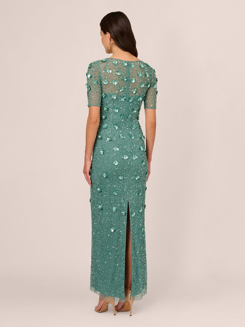 Long Hand Beaded 3D Floral Dress With Elbow Sleeves In Green Slate No Tags 6 - Picture 5 of 8